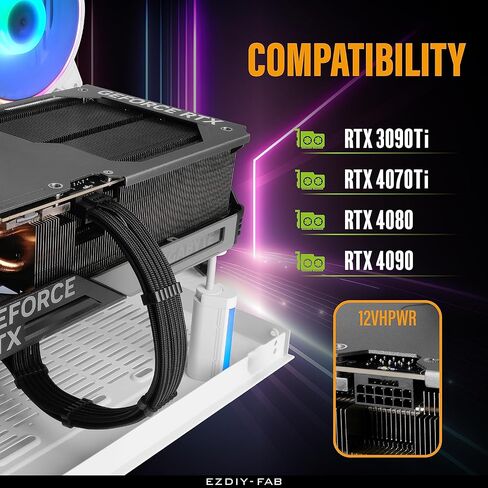 EZDIY-FAB 16pin (12+4) 12VHPWR PCIe 5.0 GPU Power Sleeved Cable Extension, Male to Female, Compatible with RTX 5080, 5070, 4090, 4080, 4070,16AWG with Cable Combs-Black in Kuwait