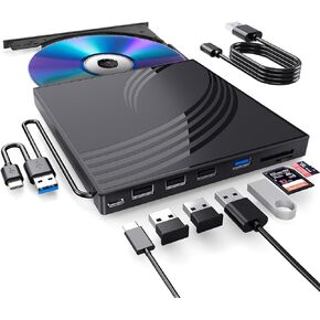 [8 in 1] External CD/DVD Drive for Laptop, USB 3.0 Ultra Slim External CD/DVD Player with 4 USB-A Ports, 1 Type-C Port, 2 TF/SD Card Slots, External CD/DVD Burner Compatible with macOS/Windows/Linux