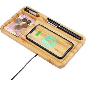 قاعدة شحن لاسلكية خشبية من الخيزران مع منظم مكتبي، حامل قاعدة شحن خشبي 15 واط لاجهزة ايفون واندرويد وسامسونج وجميع الجوالات كيو اي للمنضدة المنزلية والمكتب كينغتسيو in Kuwait