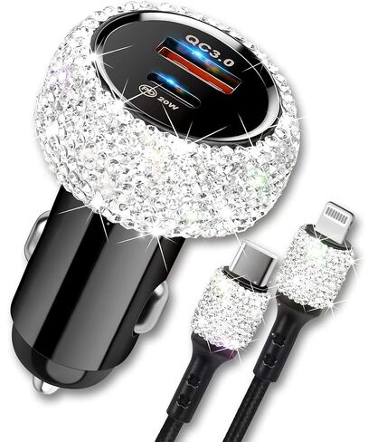 شاحن سيارة Bling iPhone سريع، شاحن سيارة USB C بقدرة 20 وات [معتمد من Apple MFi] PD + QC محول شحن سريع بمنفذ مزدوج مع كابل 3.2FT من النوع C إلى Lightning لهاتف iPhone 14 13 12 Pro Max Mini 11 Xs XR X Plus in Kuwait