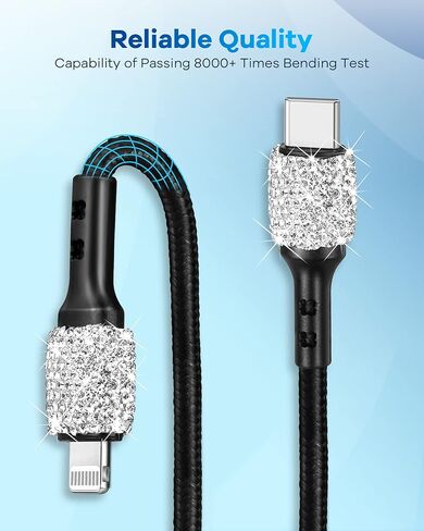 شاحن سيارة Bling iPhone سريع، شاحن سيارة USB C بقدرة 20 وات [معتمد من Apple MFi] PD + QC محول شحن سريع بمنفذ مزدوج مع كابل 3.2FT من النوع C إلى Lightning لهاتف iPhone 14 13 12 Pro Max Mini 11 Xs XR X Plus in Kuwait