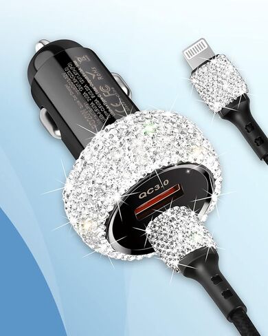 شاحن سيارة Bling iPhone سريع، شاحن سيارة USB C بقدرة 20 وات [معتمد من Apple MFi] PD + QC محول شحن سريع بمنفذ مزدوج مع كابل 3.2FT من النوع C إلى Lightning لهاتف iPhone 14 13 12 Pro Max Mini 11 Xs XR X Plus in Kuwait