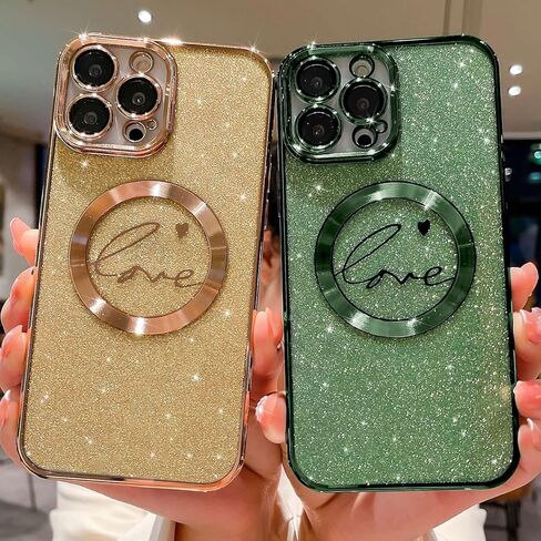 حافظة MGQILING متوافقة مع هاتف iPhone 14 Pro Max المغناطيسي اللامع - 6.7 بوصة، حافظة شفافة مطلية بنمط قلب الحب الفاخر، متوافقة مع MagSafe للنساء والفتيات غطاء خلفي مضاد للصدمات - أرجواني in Kuwait