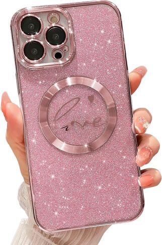MGQILING Compatible with iPhone 14 Pro Max Magnetic Glitter Case-6.7 Inch, Luxury Love Heart Pattern Plating Clear Case, Compatible with MagSafe for Women Girls Shockproof Back Cover-Purple in Kuwait