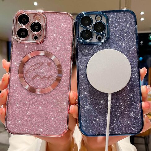 MGQILING Compatible with iPhone 14 Pro Max Magnetic Glitter Case-6.7 Inch, Luxury Love Heart Pattern Plating Clear Case, Compatible with MagSafe for Women Girls Shockproof Back Cover-Purple in Kuwait