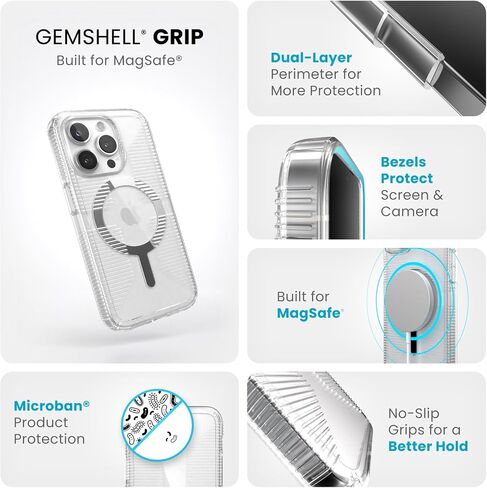 Speck Clear iPhone 15 Case - Slim, Built for MagSafe, Drop Protection Grip - for iPhone 15, iPhone 14 & iPhone 13 - Scratch Resistant, Anti-Yellowing, 6.1 Inch Phone Case - GemShell Grip Clear in Saudi Arabia