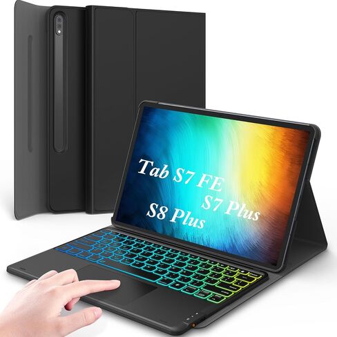 حافظة GreenLaw لهاتف Samsung Galaxy Tab S7 Fe (5G) مع لوحة مفاتيح، Tab S8 Plus S7 Plus، إضاءة خلفية DIY 7 ألوان، لوحة لمس ذكية، حافظة لوحة مفاتيح مغناطيسية قابلة للفصل مع حامل قلم S، أسود in Kuwait