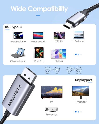 محول كابل LENTION 6FT USB C إلى DisplayPort (4K@60 هرتز، 2K@165 هرتز) لأجهزة Mac، Windows، Linux OS، متوافق مع 2023-2016 MacBook، iPad/Surface/Mac Air الجديد، Dell، XPS، إلخ (CU708-2M، فضي ) in Kuwait