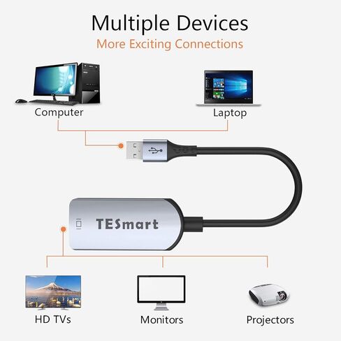 تيسمارت محول USB الى HDMI، محول كيبل صوت وفيديو HD 1080P، محول USB 3.0/2.0 الى HDMI للكمبيوتر واللاب توب وجهاز العرض HDTV متوافق مع ويندوز XP/10، ماك او اس in Kuwait