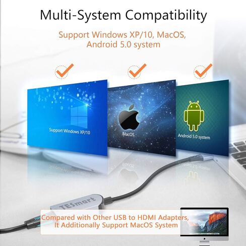 تيسمارت محول USB الى HDMI، محول كيبل صوت وفيديو HD 1080P، محول USB 3.0/2.0 الى HDMI للكمبيوتر واللاب توب وجهاز العرض HDTV متوافق مع ويندوز XP/10، ماك او اس in Kuwait