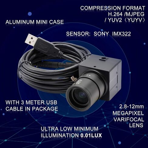 Hotpet 1080P كاميرا ويب 5-50 مم عدسة متغيرة البعد البؤري كاميرا USB HD 2MP 0.01Lux إضاءة منخفضة Sony IMX322/IMX323 مستشعر كاميرا صناعية مع تنسيق H.264 التوصيل والتشغيل محرك مجاني OTG 2.0 كاميرا in Kuwait