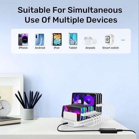 حامل شحن Alxum 120 واط 10 منافذ مع 6 شواحن USB-A 2 Qc3.0 2 PD 18 واط شحن سريع مع حامل ساعة مناسب لمجموعة واسعة من الأجهزة ذات الجهد الزائد والتيار الزائد والحماية من الشحن الزائد in Kuwait