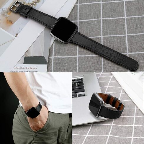 POHNUI 3 Pack Leather Bands Compatible with Fitbit Versa 2/Versa/Versa Lite/Versa SE for Women Men, Adjustable Soft Leather Replacement Strap Wristband for Fitbit Versa Smart Watch in Kuwait