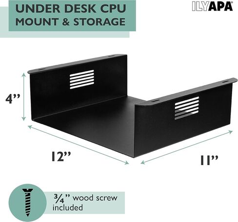 Ilyapa Under Desk CPU Mount, Steel Under Desk Computer Mount Vented Sides, PC Wall Storage, Laptop Stand, Shelf for Office Storage, 4x12x11 Inches in Saudi Arabia