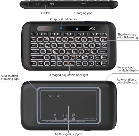 ILEBYGO 2.4 جيجا هرتز H20 مجموعة لوحة مفاتيح لاسلكية صغيرة وماوس لوحة اللمس، 7 ألوان قابلة للتعديل، دوران تلقائي قابل لإعادة الشحن للوحة اللمس المحمولة للتحكم عن بعد لصندوق تلفزيون Android، جهاز العرض، IPTV، HTPC، الكمبيوتر الشخصي in Kuwait