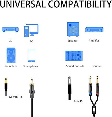 1/8 to 1/4 Stereo Cable 6.6FT, 3.5mm TRS to Dual 6.35mm TS Cable in Kuwait