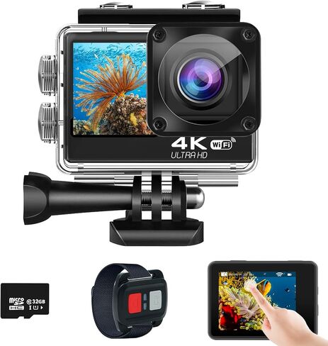 كاميرا Mafomil Action 4K 60FPS، كاميرا رياضية WiFi مع شاشة تعمل باللمس، كاميرا HD تحت الماء 24 ميجابكسل، زاوية واسعة للغاية EIS 170 درجة، كاميرا مقاومة للماء تحت الماء 98 قدم (جهاز تحكم عن بعد / بطاقة SD 32 جيجا / مجموعة ملحقات) in Saudi Arabia