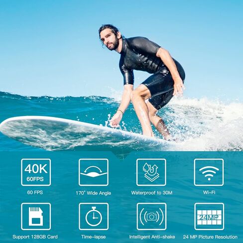 كاميرا Mafomil Action 4K 60FPS، كاميرا رياضية WiFi مع شاشة تعمل باللمس، كاميرا HD تحت الماء 24 ميجابكسل، زاوية واسعة للغاية EIS 170 درجة، كاميرا مقاومة للماء تحت الماء 98 قدم (جهاز تحكم عن بعد / بطاقة SD 32 جيجا / مجموعة ملحقات) in Saudi Arabia