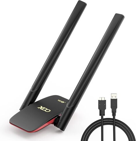 محول XDO USB WiFi 6 للكمبيوتر الشخصي، محول شبكة لاسلكية WiFi Dongle مع هوائي عالي الكسب 5dBi لسطح المكتب/الكمبيوتر المحمول، نطاق مزدوج 2.42 جيجا/5.8 جيجا هرتز MU-MIMO، يدعم فقط Windows 11/10 (أسود1) in Kuwait