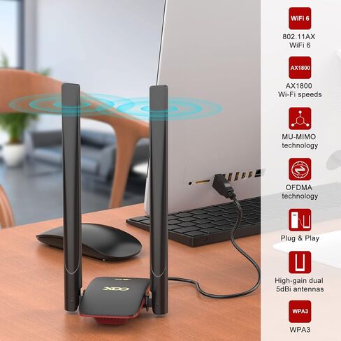 محول XDO USB WiFi 6 للكمبيوتر الشخصي، محول شبكة لاسلكية WiFi Dongle مع هوائي عالي الكسب 5dBi لسطح المكتب/الكمبيوتر المحمول، نطاق مزدوج 2.42 جيجا/5.8 جيجا هرتز MU-MIMO، يدعم فقط Windows 11/10 (أسود1) in Kuwait