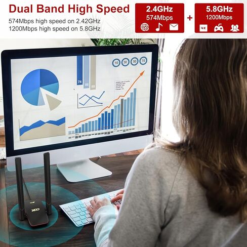 محول XDO USB WiFi 6 للكمبيوتر الشخصي، محول شبكة لاسلكية WiFi Dongle مع هوائي عالي الكسب 5dBi لسطح المكتب/الكمبيوتر المحمول، نطاق مزدوج 2.42 جيجا/5.8 جيجا هرتز MU-MIMO، يدعم فقط Windows 11/10 (أسود1) in Kuwait