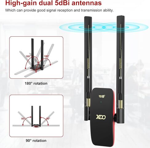 محول XDO USB WiFi 6 للكمبيوتر الشخصي، محول شبكة لاسلكية WiFi Dongle مع هوائي عالي الكسب 5dBi لسطح المكتب/الكمبيوتر المحمول، نطاق مزدوج 2.42 جيجا/5.8 جيجا هرتز MU-MIMO، يدعم فقط Windows 11/10 (أسود1) in Kuwait