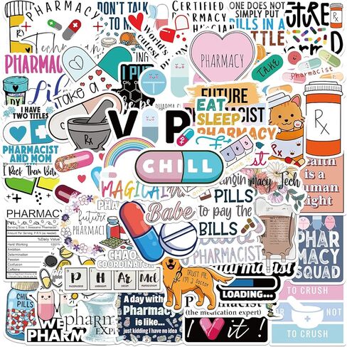 ملصقات صيدلانية، 50 قطعة من ملصقات فينيل مقاومة للماء لزجاجات المياه واللابتوب والقبعة الصلبة والامتعة والسيارة وهدايا للنساء والرجال وزملاء العمل او طلاب التخرج in Kuwait