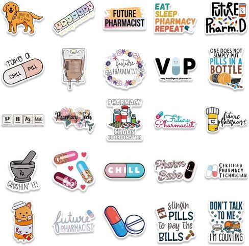 ملصقات صيدلانية، 50 قطعة من ملصقات فينيل مقاومة للماء لزجاجات المياه واللابتوب والقبعة الصلبة والامتعة والسيارة وهدايا للنساء والرجال وزملاء العمل او طلاب التخرج in Kuwait