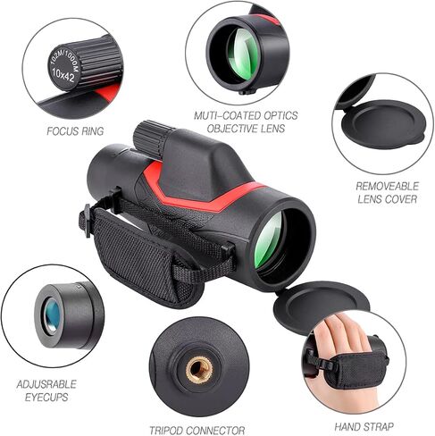 qiaoshop 10x42 تلسكوب أحادي عالي الوضوح، مقاوم للماء والضباب والصدمات - منشور BAK4، مناسب للحيوانات البرية ومشاهدة الطيور والحفلات الموسيقية والمناظر السياحية، أسود in Saudi Arabia