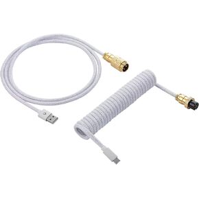 Vajra Force Coiled Sparkling USB C Keyboard Cable for Computer Keyboard, Double-Sleeved Mechanical Keyboard Cable with Detachable Metal Aviator, 1.5M USB-C to USB-A, White Color with Gold Aviator