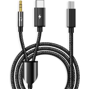 USB C to 3.5mm Aux Cable with Charger, 2 in 1 USB C to 3.5mm Aux Jack Car Stereo Cable with PD 18W USB C Charging Cord Compatible with iPhone 15/15Pro, Galaxy S23 Ultra/S22/S21/S20, Pixel 7/7Pro/6/5