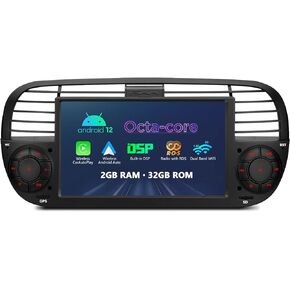 XTRONS Single Din Car Stereo Android 12 Car Radio Player 7 Inch Touch Screen GPS Navigation 1 Din Bluetooth Head Unit Built-in DSP Car Play Android Auto Support Backup Camera OBD2 for Fiat 500 (Cream)