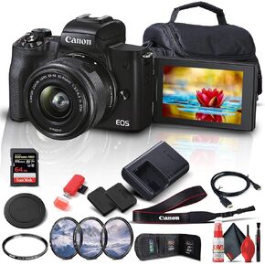 Canon EOS M50 Mark II Mirrorless Digital Camera with 15-45mm Lens (4728C006) + 64GB Extreme Pro Card + Extra LPE12 Battery + Case + UV Filter + Card Reader + Filter Kit + HDMI Cable + More (Renewed)
