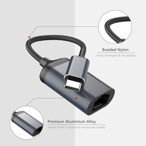 محول USB C الى ايثرنت من هوازهن، محول USB نوع C الى RJ45 جيجابت ايثرنت، مضفر نايلون متوافق مع ماك بوك برو 2017-2020، ماك بوك اير، سيرفس، ديل اكس بي اس، كروم بوك جالكسي S20 والهواتف الذكية in Kuwait