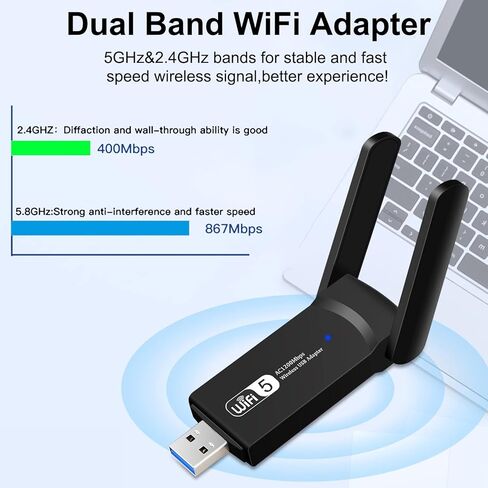 WiFi Adapter, Aigital Wireless USB WiFi Adapter for PC/Desktop, 1200Mbps Dual Band WiFi Dongle Wireless Adapter, Dual 5dBi High Gain Antennas USB3.0, Support Windows 11/10/8/8.1/7/XP, MacOS 10.6-10.15 in Kuwait
