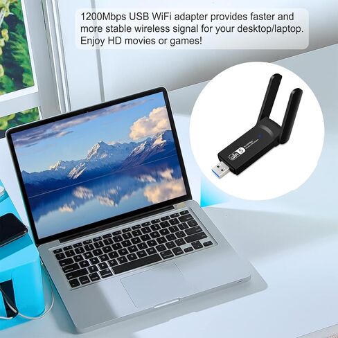 WiFi Adapter, Aigital Wireless USB WiFi Adapter for PC/Desktop, 1200Mbps Dual Band WiFi Dongle Wireless Adapter, Dual 5dBi High Gain Antennas USB3.0, Support Windows 11/10/8/8.1/7/XP, MacOS 10.6-10.15 in Kuwait