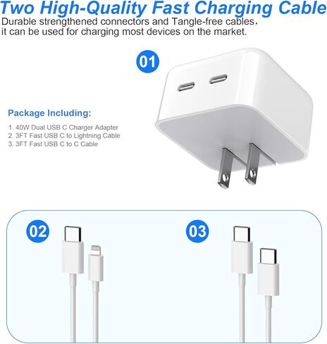 شاحن iPhone 15، محول شاحن USB C مزدوج سريع 40 وات [معتمد من MFi] 2 منفذ شاحن Apple قابس قابل للطي مع قطعتين كابل شحن سريع USB-C إلى C/Lightning لهاتف iPhone 15/14/13/12/11، iPad Pro/Mini/Air in Kuwait