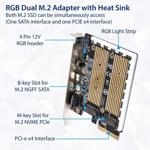 بطاقة محول IO Crest Dual M.2 SATA وPCIe Nvme SSD إلى PCIe X4 مع مبدد حرارة RGB 5V in Kuwait
