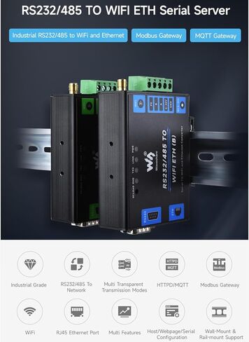 RS232/485 إلى WiFi وEthernet، محول خادم تسلسلي من الدرجة الصناعية من Ethernet إلى WiFi، مع بوابة Modbus، بوابة MQTT، المنفذ التسلسلي إلى وظائف عميل HTTPD، دعم التثبيت على الحائط/التثبيت على السكك الحديدية in Kuwait