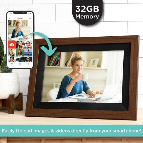 i هوم اطار صورة رقمي بتقنية واي فاي متوافق مع تطبيق فريميو، اطار صور رقمي 32 جيجا مع مشاركة امنة للصور لسطح الطاولة او الحائط - خشب الجوز (IPF1032WW) in Kuwait