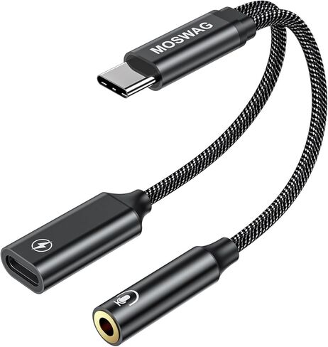 محول سماعة رأس وشاحن MOSWAG 2 في 1 USB C إلى 3.5 مم، مقبس ميكروفون USB C إلى AUX مع شحن سريع PD 60 وات للستيريو، سماعات أذن لهاتف Samsung Galaxy S23 S22 S21 S20، Pixel 6 Pro/6 in Kuwait