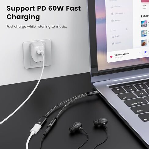 محول سماعة رأس وشاحن MOSWAG 2 في 1 USB C إلى 3.5 مم، مقبس ميكروفون USB C إلى AUX مع شحن سريع PD 60 وات للستيريو، سماعات أذن لهاتف Samsung Galaxy S23 S22 S21 S20، Pixel 6 Pro/6 in Kuwait