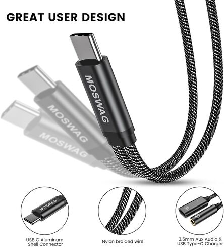 محول سماعة رأس وشاحن MOSWAG 2 في 1 USB C إلى 3.5 مم، مقبس ميكروفون USB C إلى AUX مع شحن سريع PD 60 وات للستيريو، سماعات أذن لهاتف Samsung Galaxy S23 S22 S21 S20، Pixel 6 Pro/6 in Kuwait