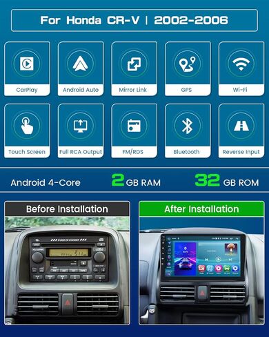 Roinvou Android Car Stereo لـ 2002-2006 Honda CR-V، راديو سيارة CarPlay لاسلكي مدمج مع Android Auto، شاشة لمس 9 بوصات في لوحة القيادة GPS ودعم مرآة Link BT FM WiFi AHD رؤية خلفية SWC in Saudi Arabia