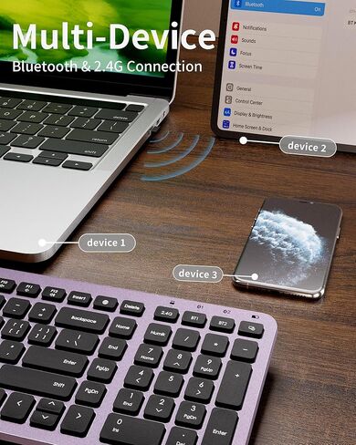 لوحة مفاتيح بلوتوث مدمجة و2.4 جيجا هرتز لاسلكية - لوحة مفاتيح لاسلكية هادئة متعددة الأجهزة - 106 مفتاح لوحة مفاتيح كاملة الحجم لأجهزة iPad والكمبيوتر اللوحي والكمبيوتر المحمول والكمبيوتر الشخصي والكمبيوتر المحمول وWindows وMac وChrome OS وAndroid in Kuwait