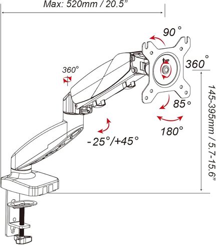 Fisca Single Monitor Desk Mount Gas Spring Mount Stand Arm for 15 to 27 Inch Monitor, Adjustable Full Motion Swivel Monitor Holder VESA 75x75, 100x100 in Kuwait