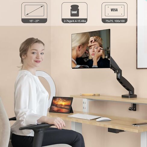Fisca Single Monitor Desk Mount Gas Spring Mount Stand Arm for 15 to 27 Inch Monitor, Adjustable Full Motion Swivel Monitor Holder VESA 75x75, 100x100 in Kuwait