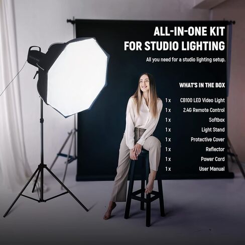 NEEWER CB100 100W LED Video Light Kit, 5600K COB Daylight Continuous Output Lighting with 2.4G Remote/Bowens Mount/Softbox/Light Stand, 11000Lux/m CRI97+ for Studio/Outdoor Photography Video Recording in Kuwait