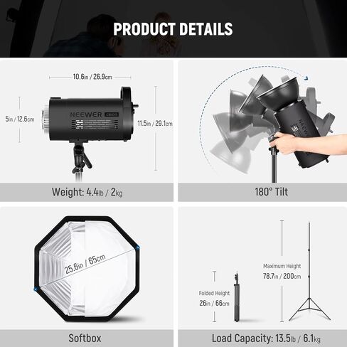 NEEWER CB100 100W LED Video Light Kit, 5600K COB Daylight Continuous Output Lighting with 2.4G Remote/Bowens Mount/Softbox/Light Stand, 11000Lux/m CRI97+ for Studio/Outdoor Photography Video Recording in Kuwait