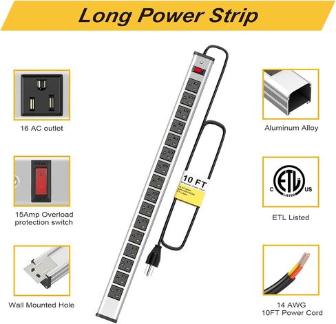 Long Surge Protector Power Strip,16 Outlet Heavy Duty Power Strip Metal Power Bar,10 FT Long Extension Cord with Circuit Breaker for Garage,Workshop,Industrial(125V/1875W, ETL Listed) in Kuwait